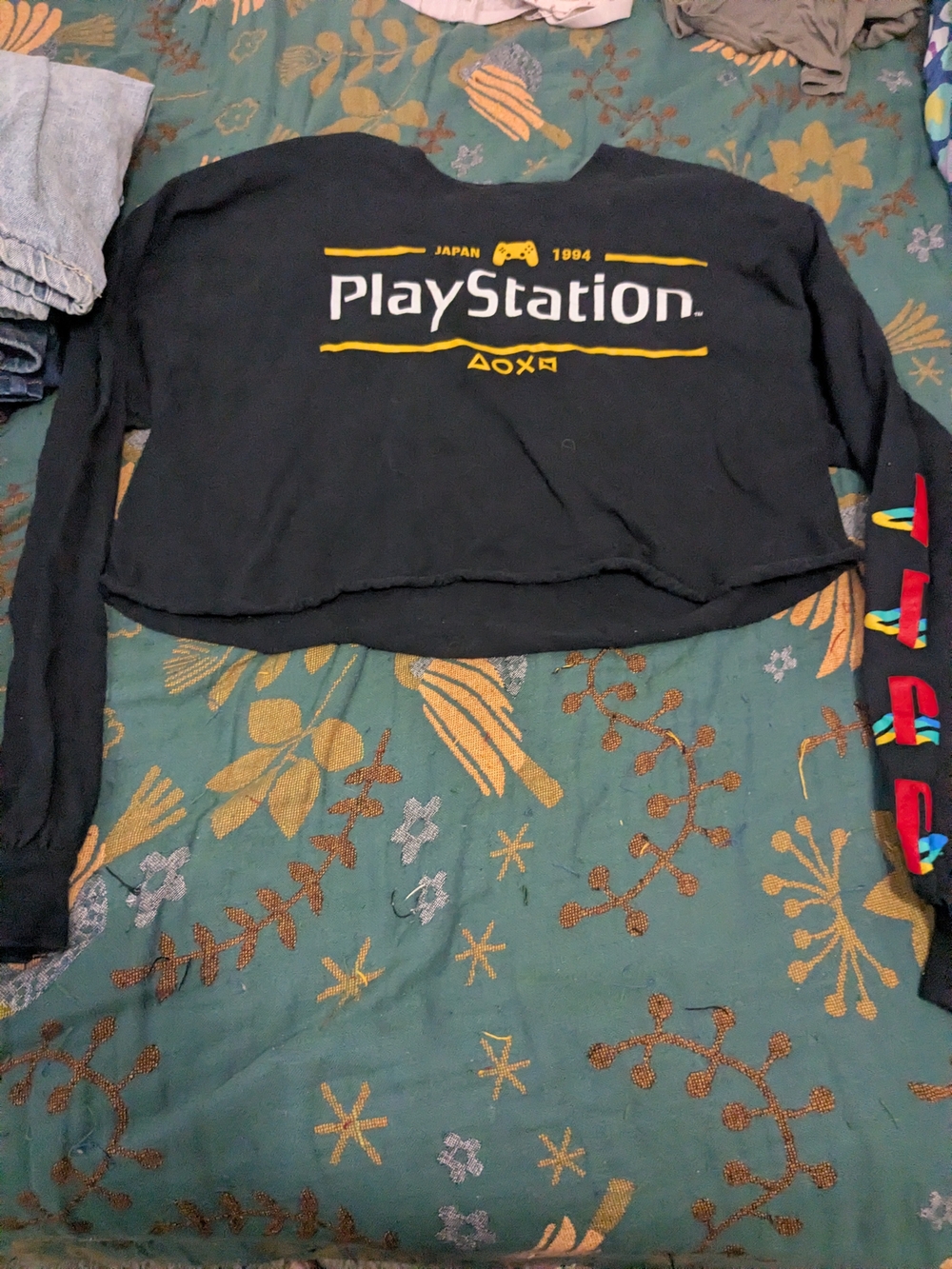 PlayStation Black Cropped Long Sleeve Tee with Yellow Logo